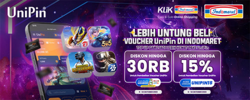 Beli Voucher UniPin di Indomaret atau Klik Indomaret, Dapatkan Diskon hingga 15% + Rp30,000